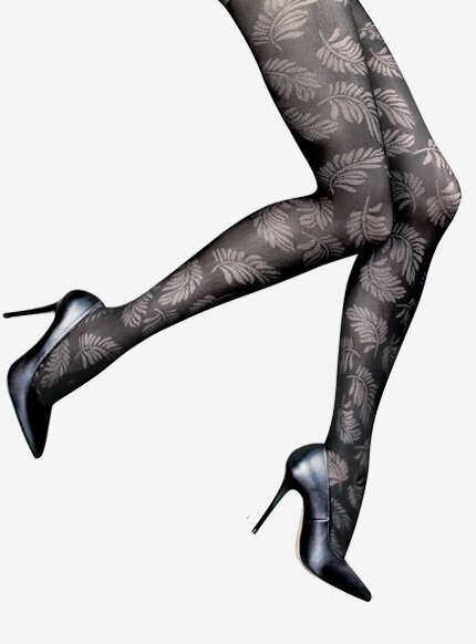 Rajstopy czarne z eleganckim deseniem w kształcie liści